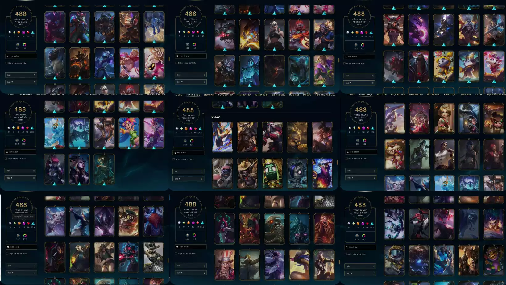 Ảnh LOL 488 SKIN 4 CAM 10 TÍM 48 ĐỎ 253 SỬ THI  NHIỀU KHUNG (CÓ MORGANA PHÙ THUỶ KHUNG)